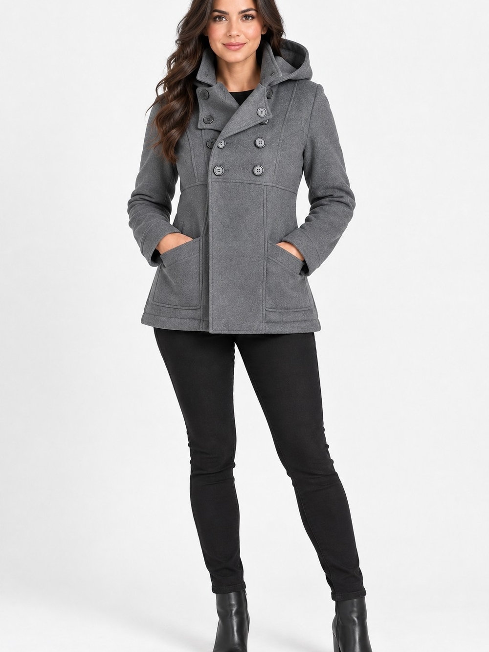 Ambiance Gray Hooded Double-Breasted Peacoat Size M